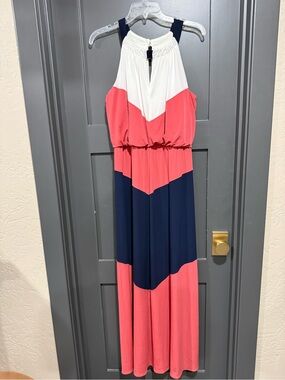 London Times Navy, Coral and White Colorblock Maxi Dress